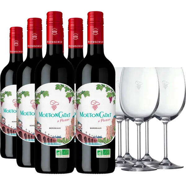 Weinpaket - Mouton Cadet Bio Rouge X Pierre 2024 - Baron Rothschild + 6 Gläser Mouton Cadet Gratis - 6 Fl.